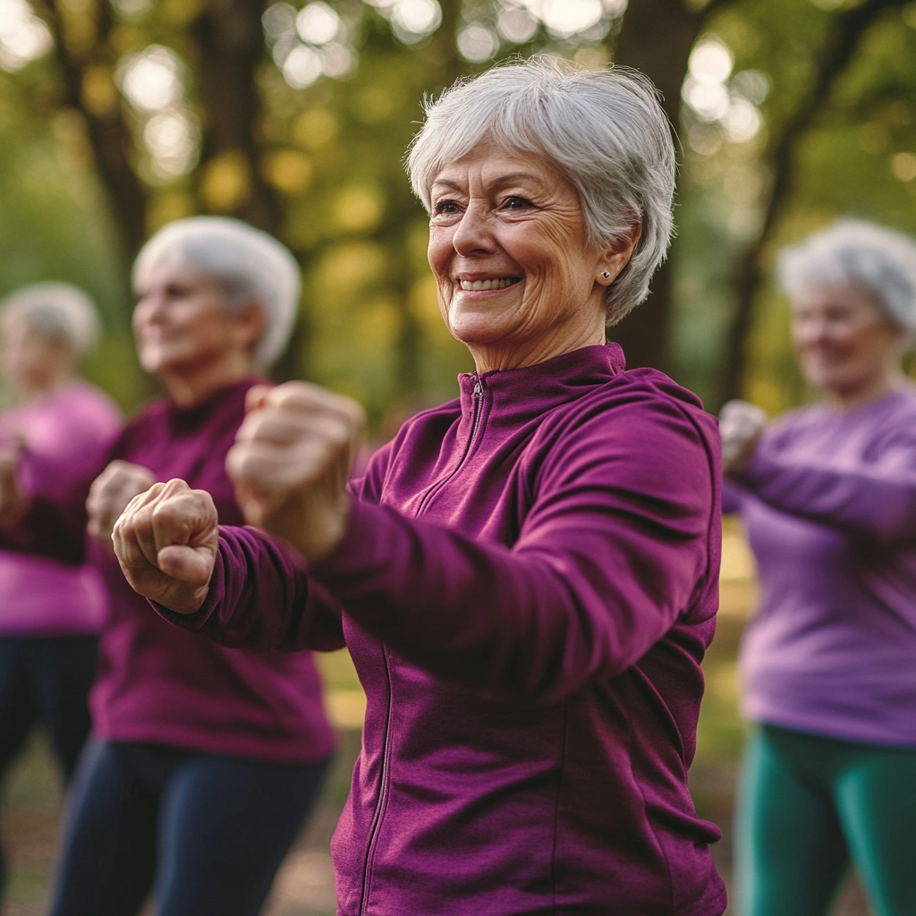 Щасливі активні пенсіонери займаються спортом на природі