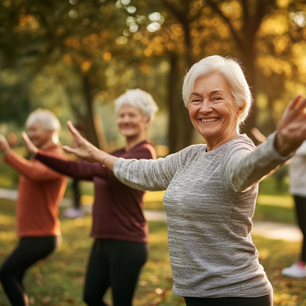 Група пенсіонерів виконує легкі фізичні вправи на свіжому повітрі