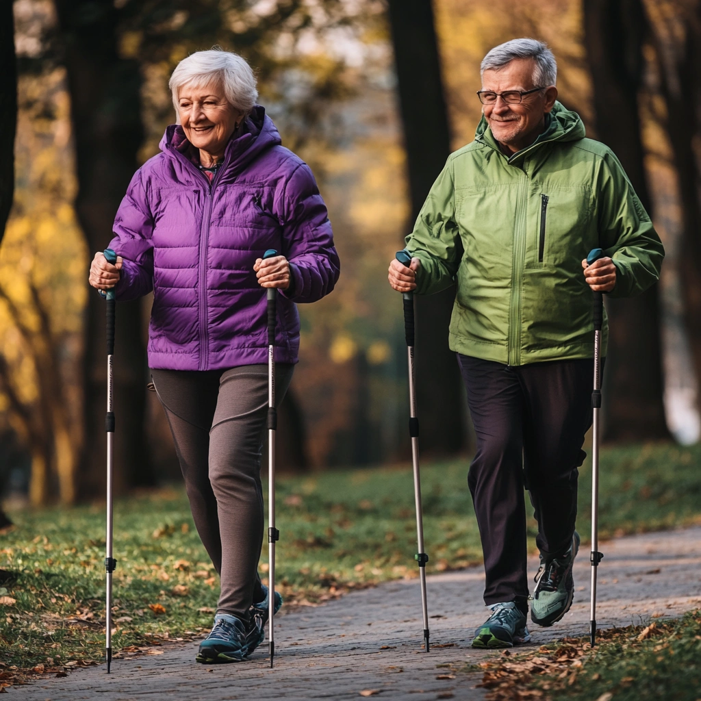 Група пенсіонерів на скандинавській ходьбі в парку